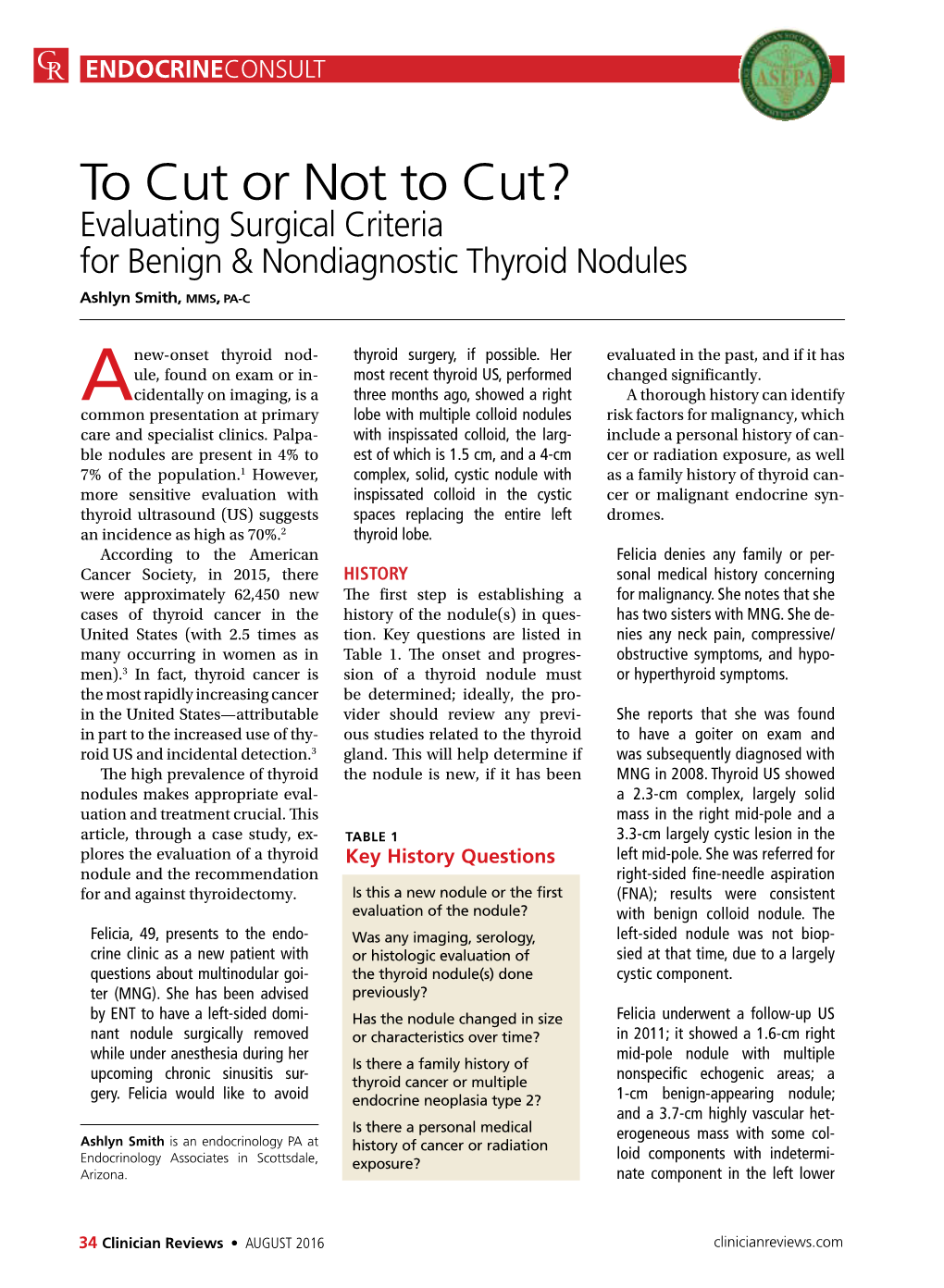 To Cut Or Not to Cut? Evaluating Surgical Criteria for Benign & Nondiagnostic Thyroid Nodules Ashlyn Smith, MMS, PA-C