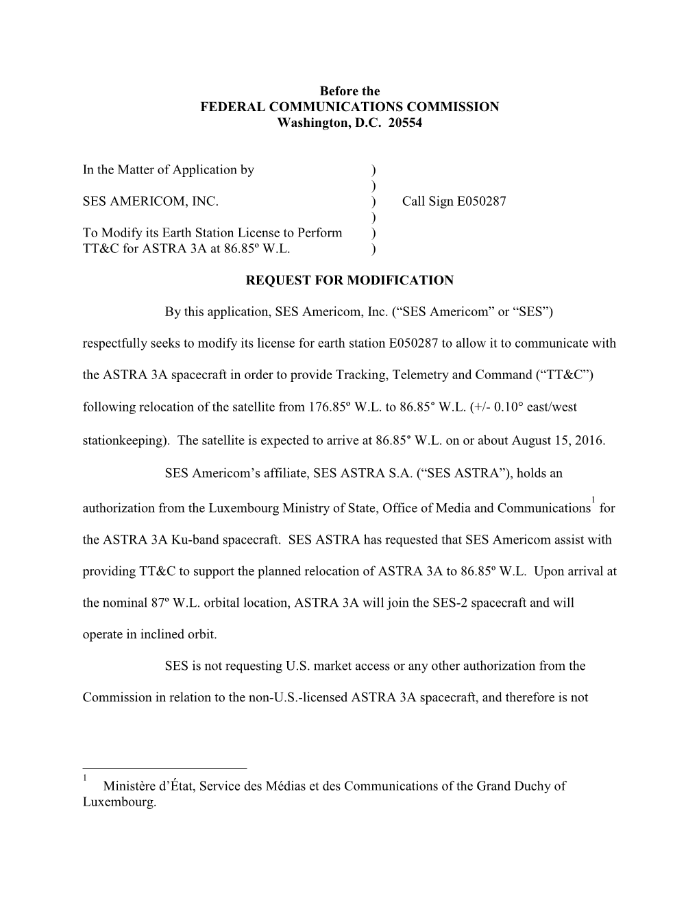 Modification Narrative for ASTRA 3A Move to 87WL