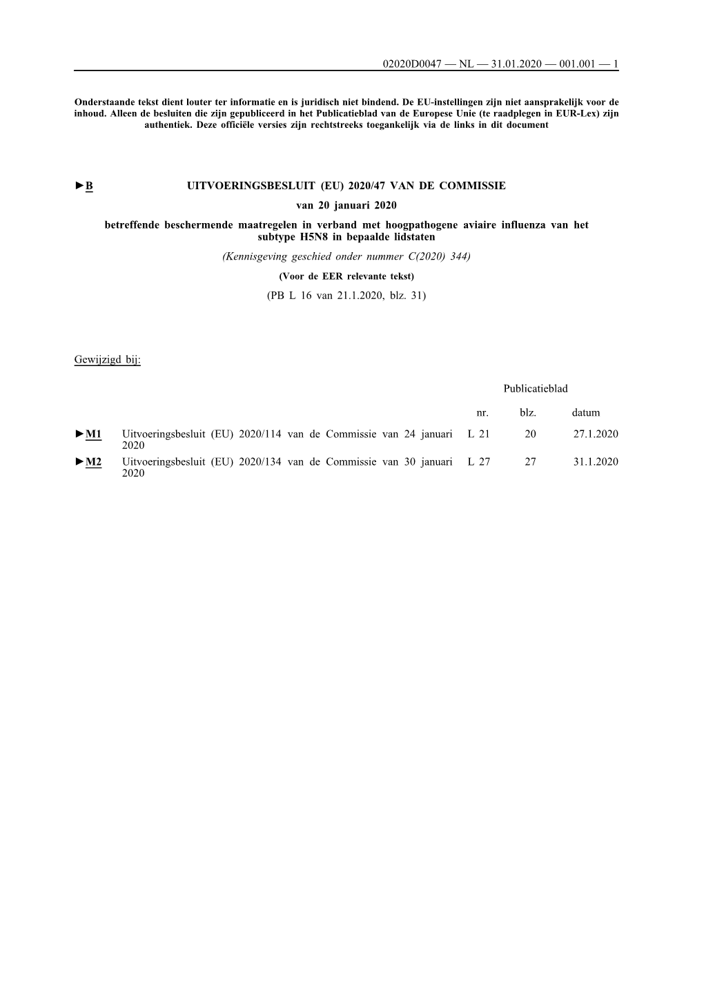 B UITVOERINGSBESLUIT (EU) 2020/47 VAN DE COMMISSIE Van 20 Januari 2020 Betreffende Beschermende Maatregelen in Verband Met Ho