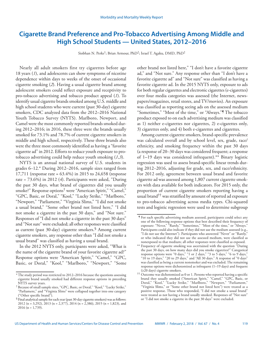 Cigarette Brand Preference and Pro-Tobacco Advertising Among Middle and High School Students — United States, 2012–2016