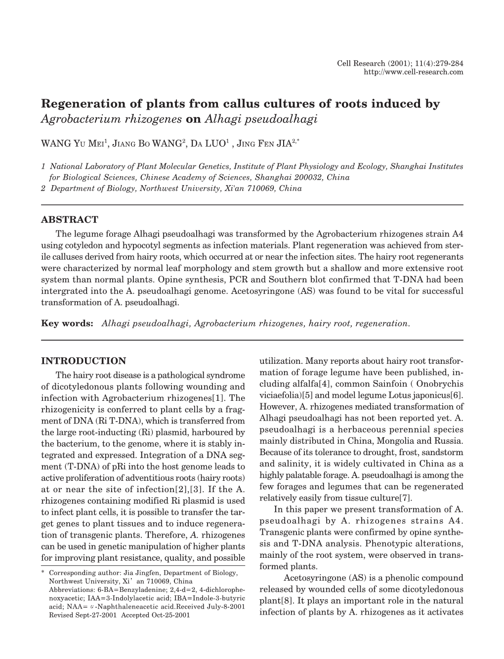 Regeneration of Plants from Callus Cultures of Roots Induced by Agrobacterium Rhizogenes on Alhagi Pseudoalhagi