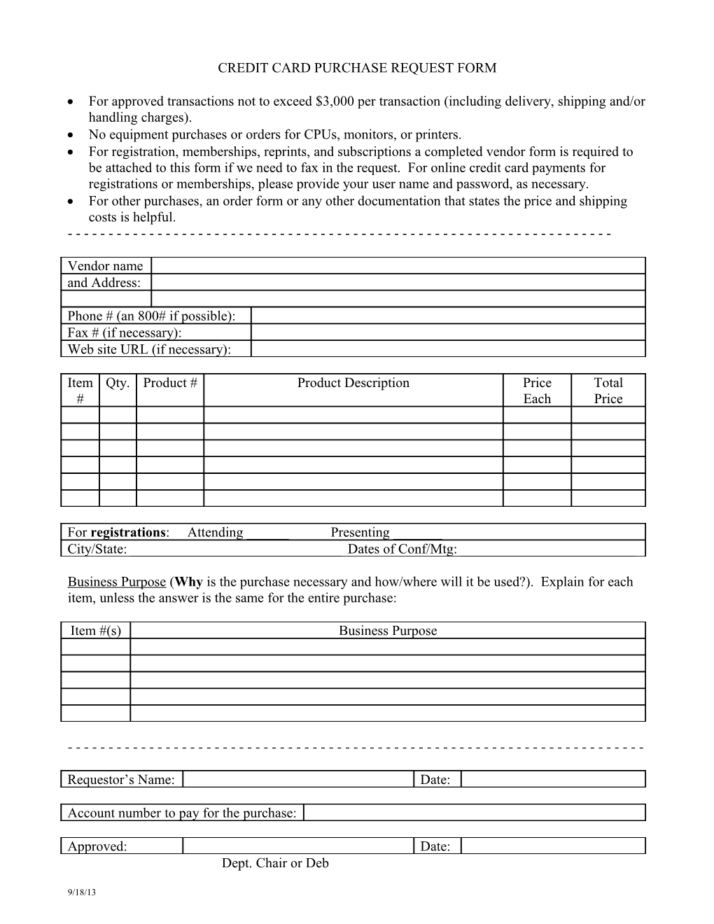 Credit Card Purchase Request Form