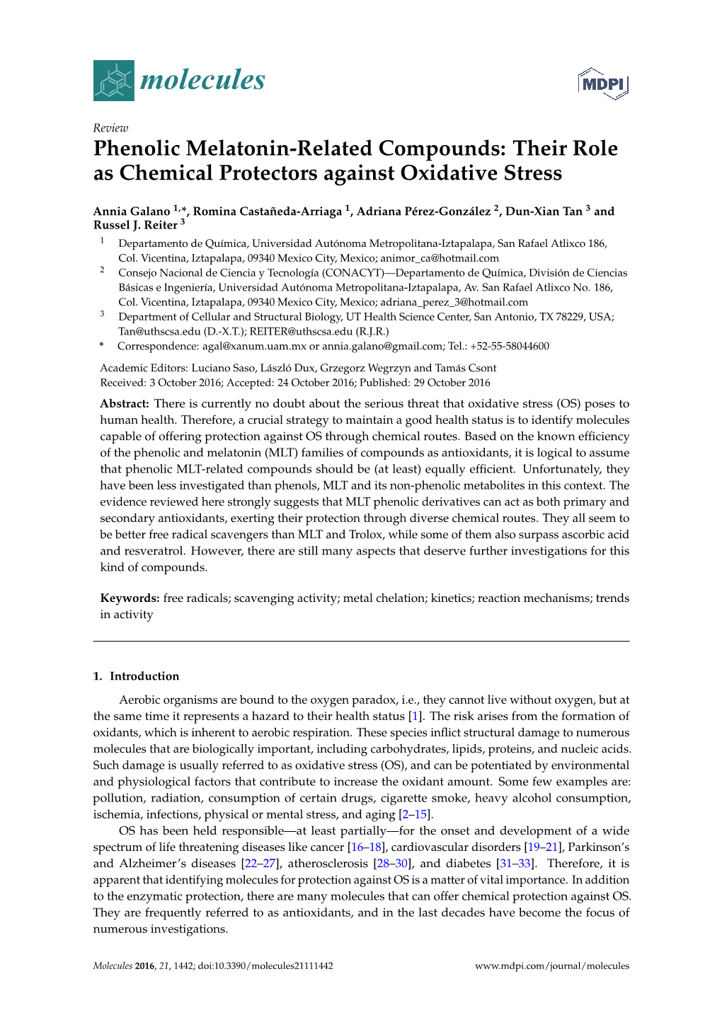 Phenolic Melatonin-Related Compounds: Their Role As Chemical Protectors Against Oxidative Stress