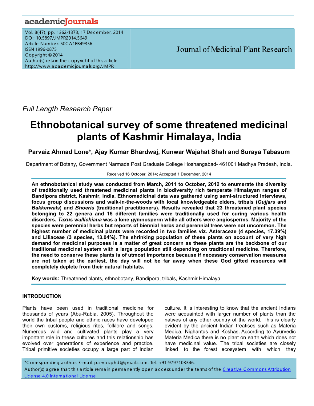 Ethnobotanical Survey of Some Threatened Medicinal Plants of Kashmir Himalaya, India