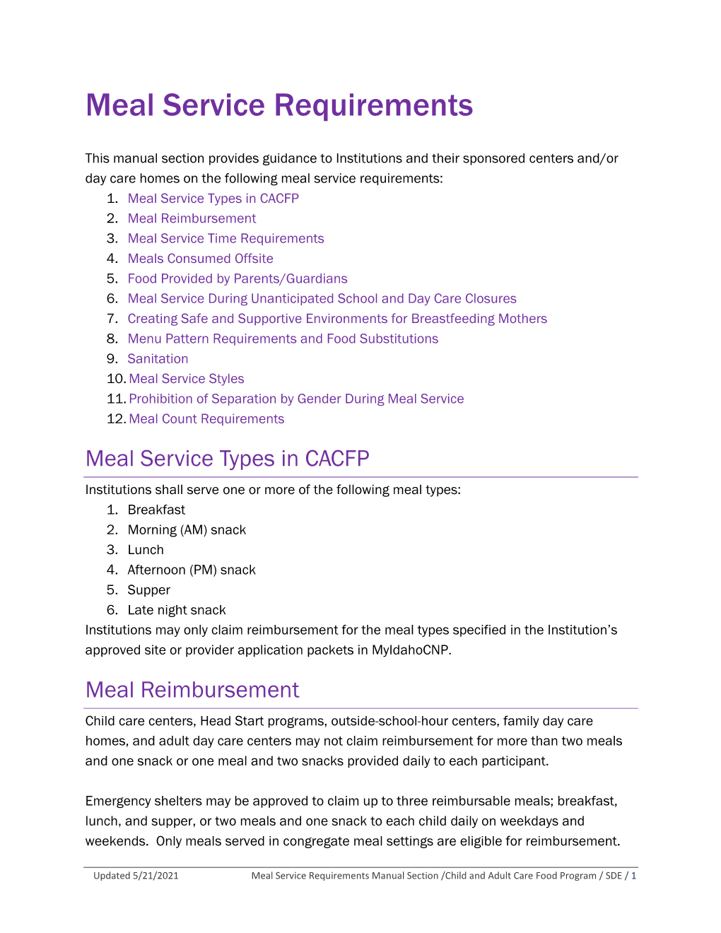 Meal Service Requirements Manual Section