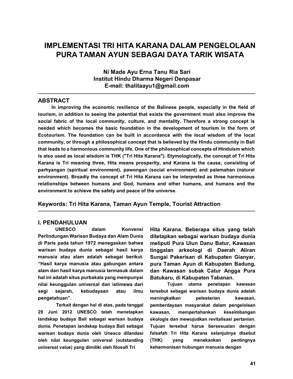 Implementasi Tri Hita Karana Dalam Pengelolaan Pura Taman Ayun Sebagai Daya Tarik Wisata