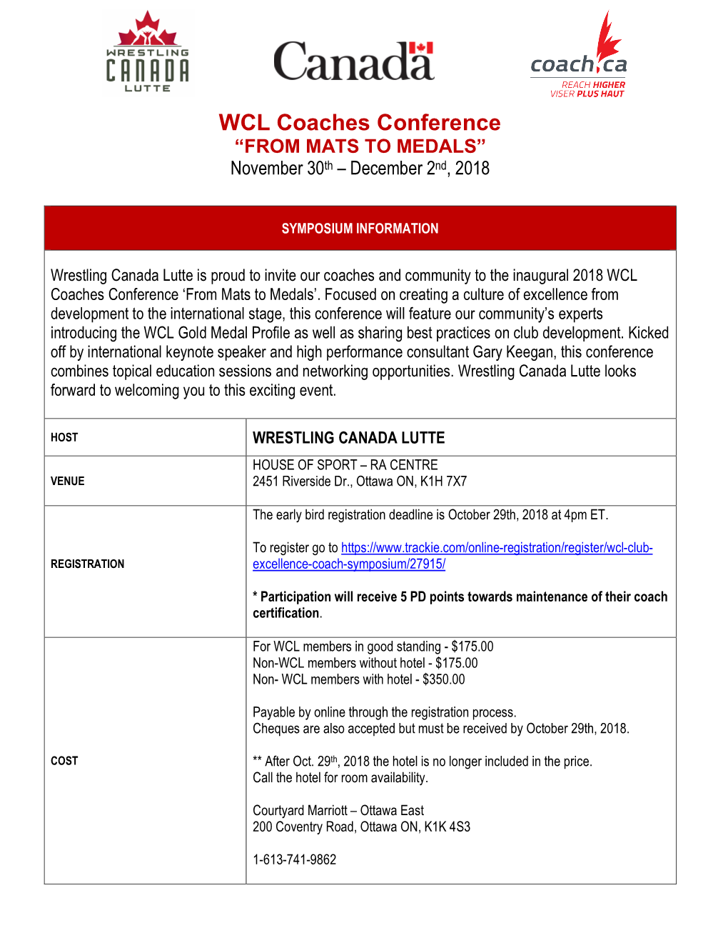 WCL Coaches Conference “FROM MATS to MEDALS” November 30Th – December 2Nd, 2018