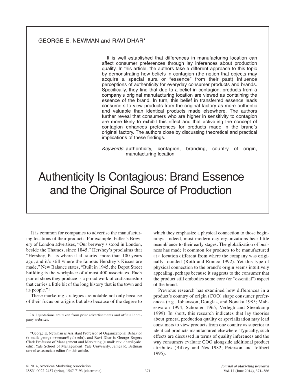 Authenticity Is Contagious: Brand Essence and the Original Source of Production