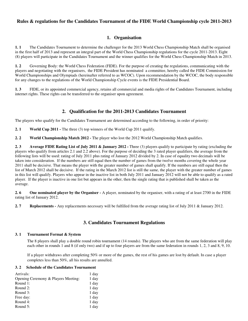 Rules & Regulations for the Candidates Tournament of the FIDE