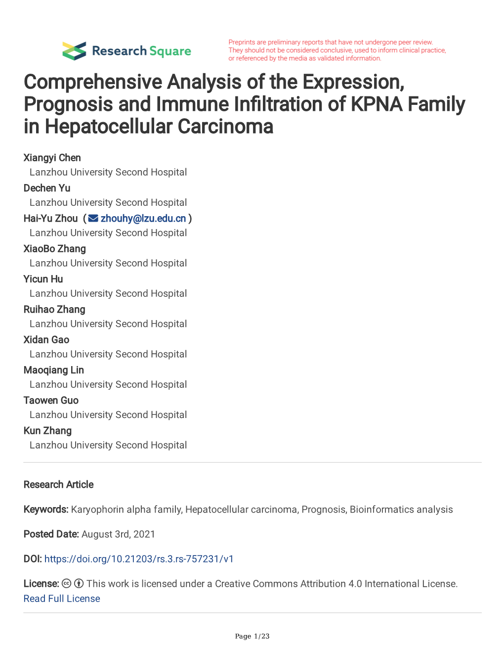 Comprehensive Analysis of the Expression, Prognosis and Immune in Ltration of KPNA Family in Hepatocellular Carcinoma