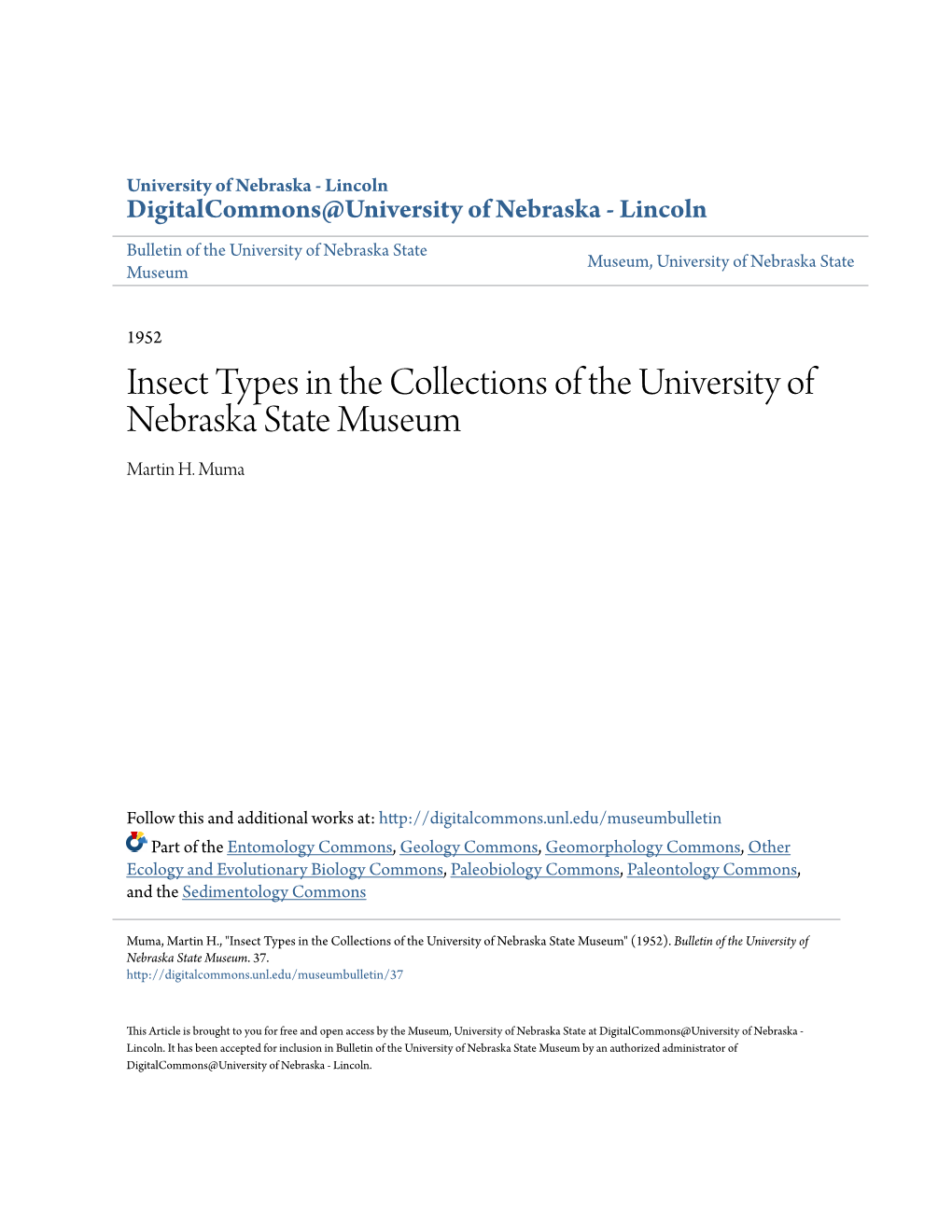 Insect Types in the Collections of the University of Nebraska State Museum Martin H