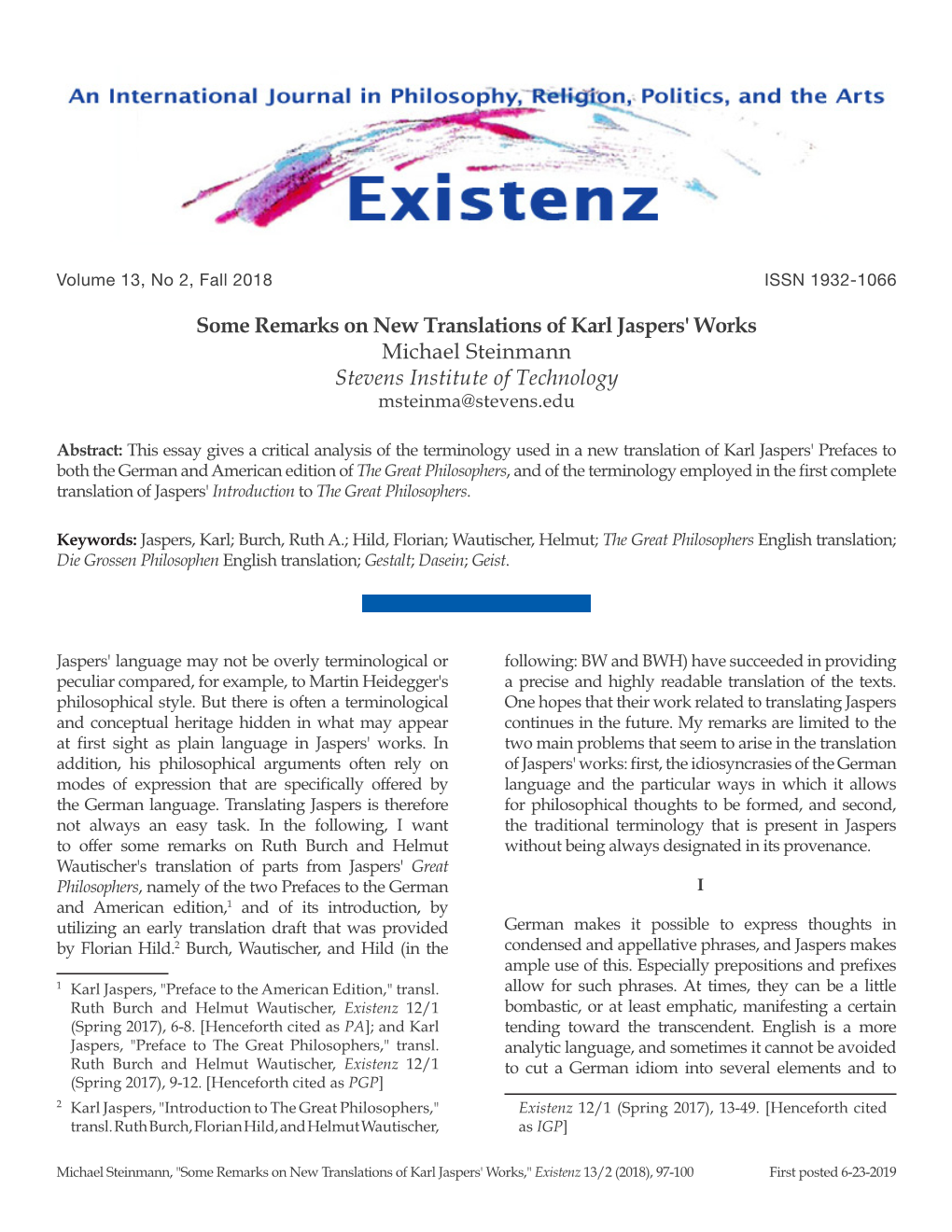 Some Remarks on New Translations of Karl Jaspers' Works Michael Steinmann Stevens Institute of Technology Msteinma@Stevens.Edu