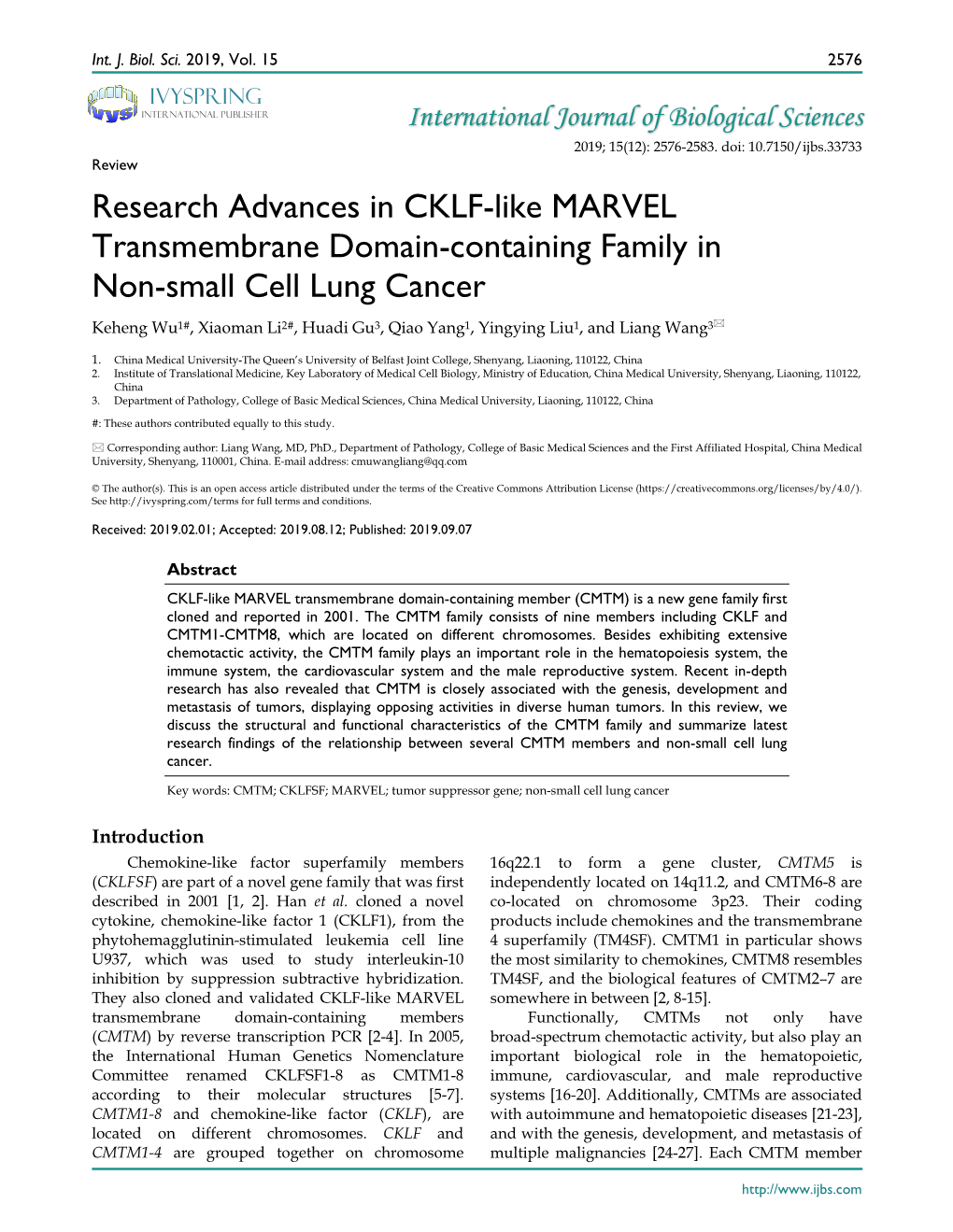 Research Advances in CKLF-Like MARVEL Transmembrane Domain