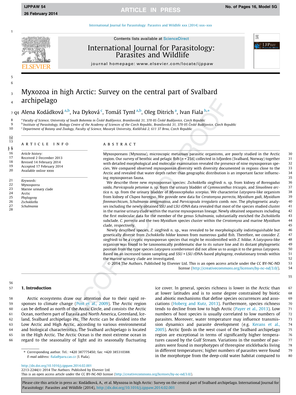 Myxozoa in High Arctic: Survey on the Central Part of Svalbard Archipelago