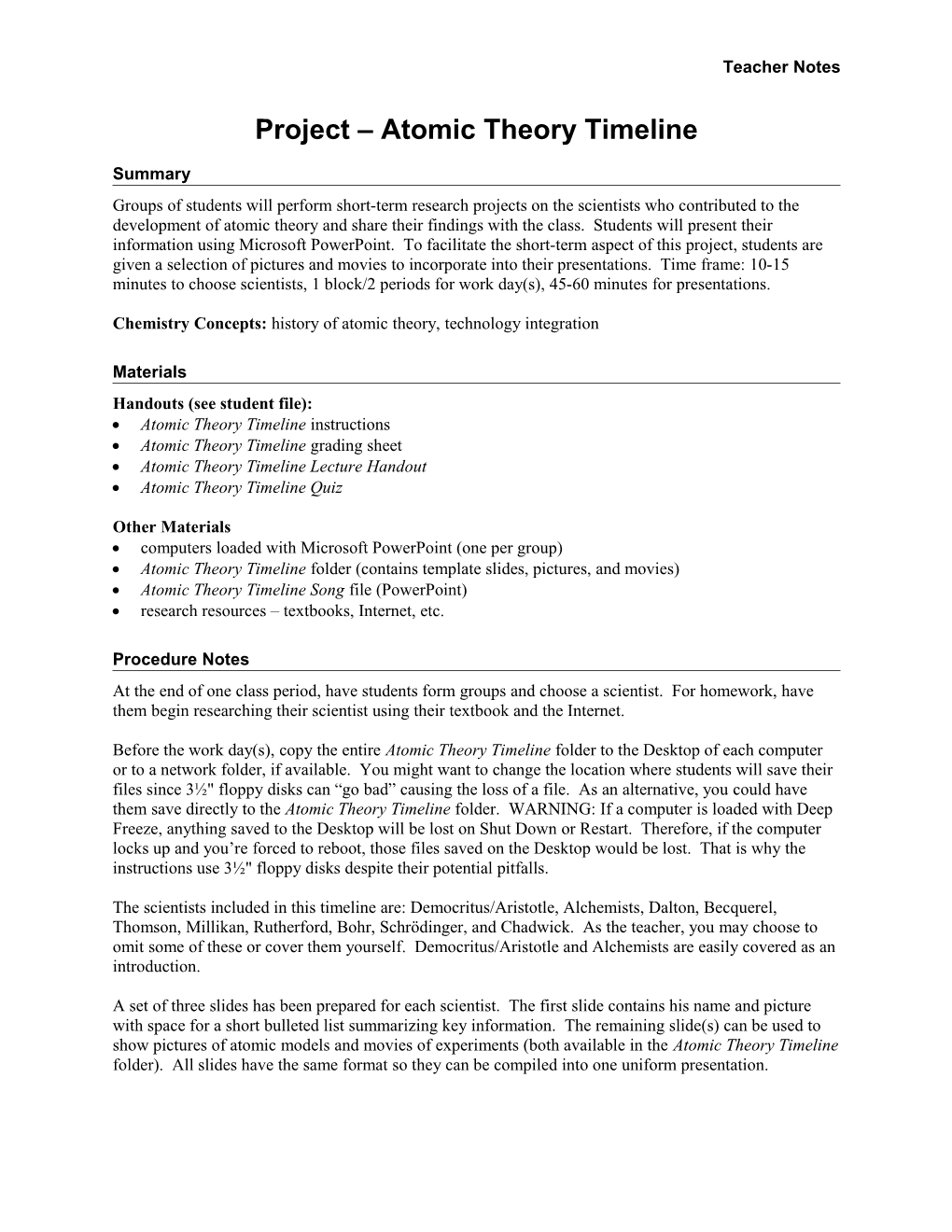 Project Atomic Theory Timeline