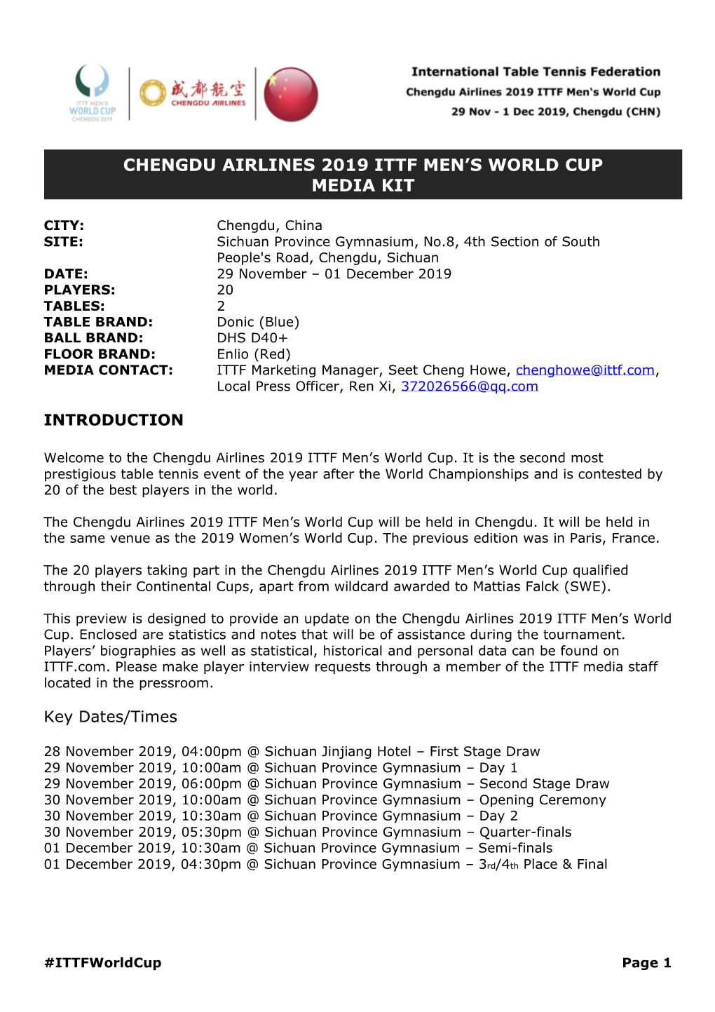 Chengdu Airlines 2019 Ittf Men's World Cup Media
