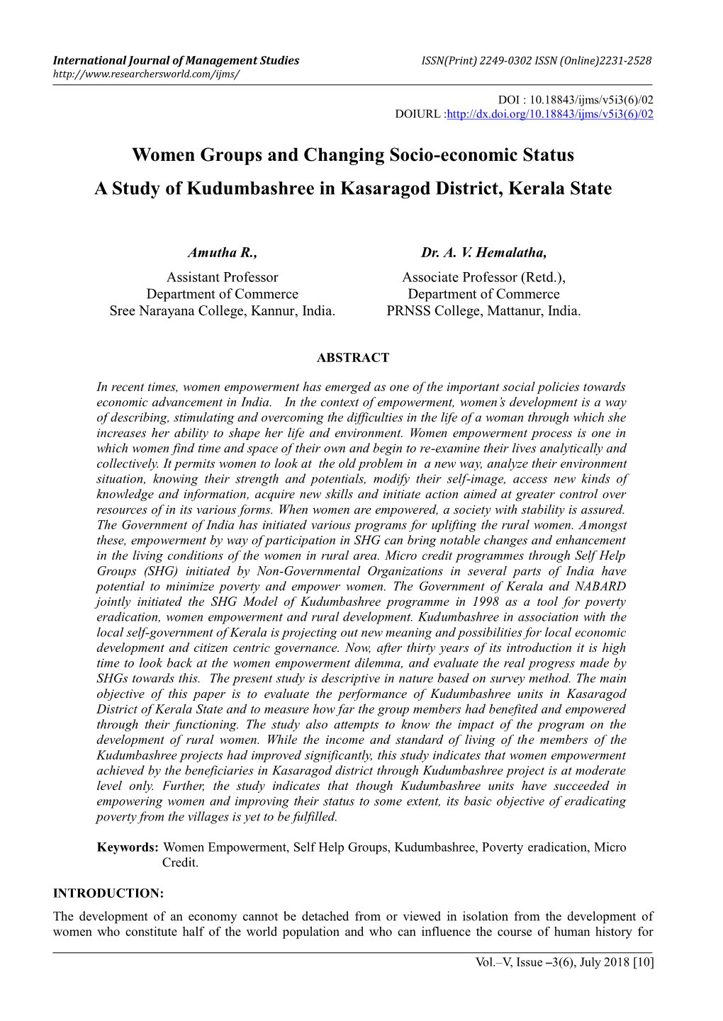 Women Groups and Changing Socio-Economic Status a Study of Kudumbashree in Kasaragod District, Kerala State