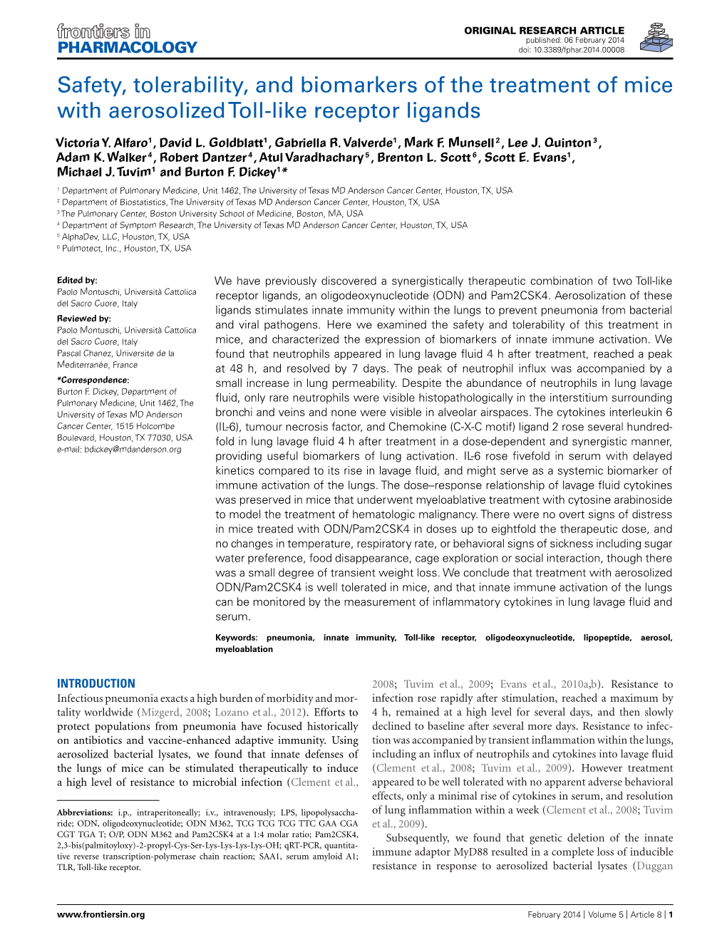 Safety, Tolerability, and Biomarkers of the Treatment of Mice with Aerosolizedtoll-Like Receptor Ligands