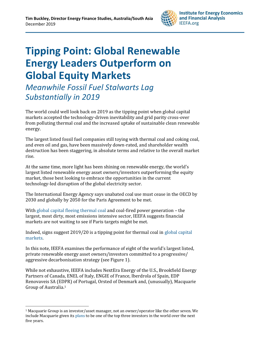 Tipping Point: Global Renewable Energy Leaders Outperform on Global Equity Markets Meanwhile Fossil Fuel Stalwarts Lag Substantially in 2019