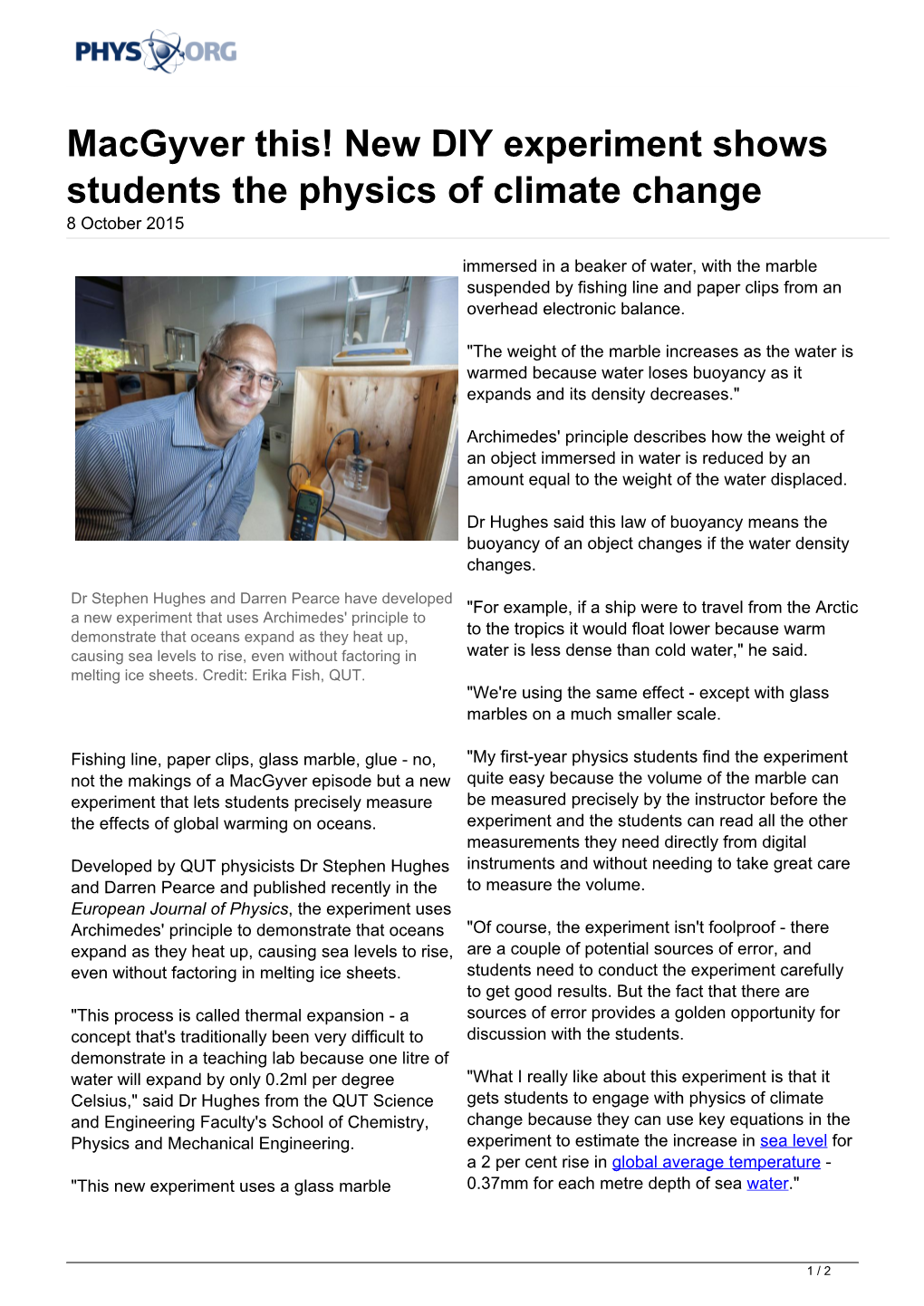 Macgyver This! New DIY Experiment Shows Students the Physics of Climate Change 8 October 2015