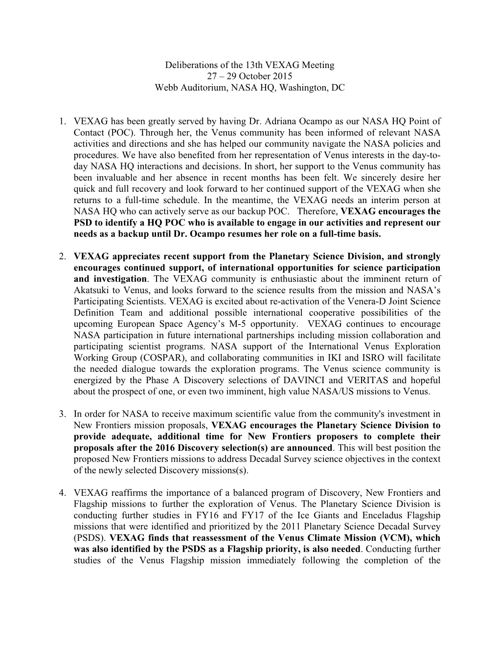 Deliberations of the 13Th VEXAG Meeting 27 – 29 October 2015 Webb Auditorium, NASA HQ, Washington, DC