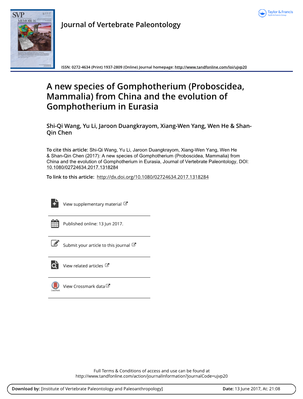 A New Species of Gomphotherium (Proboscidea, Mammalia) from China and the Evolution of Gomphotherium in Eurasia