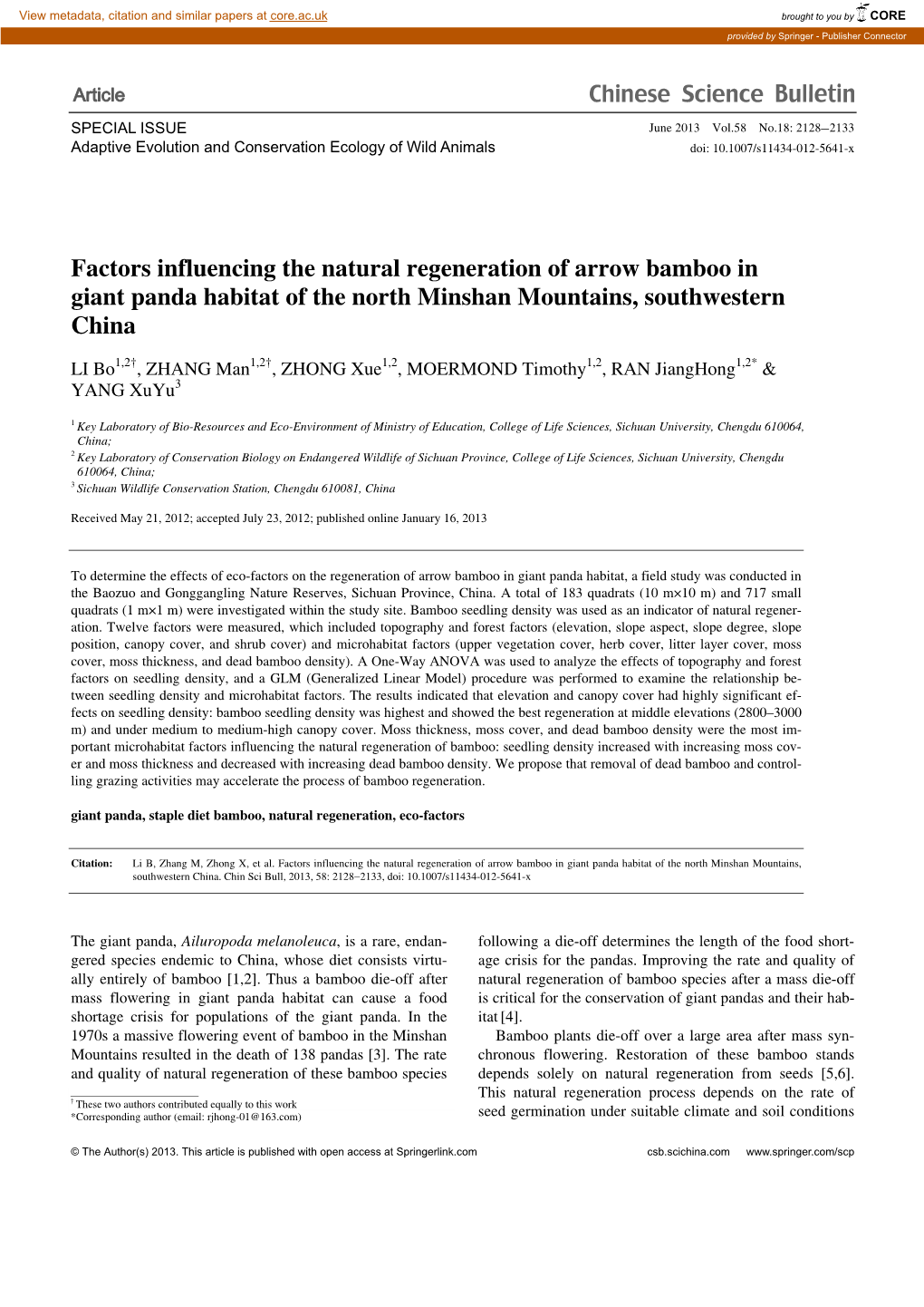 Factors Influencing the Natural Regeneration of Arrow Bamboo in Giant Panda Habitat of the North Minshan Mountains, Southwestern China