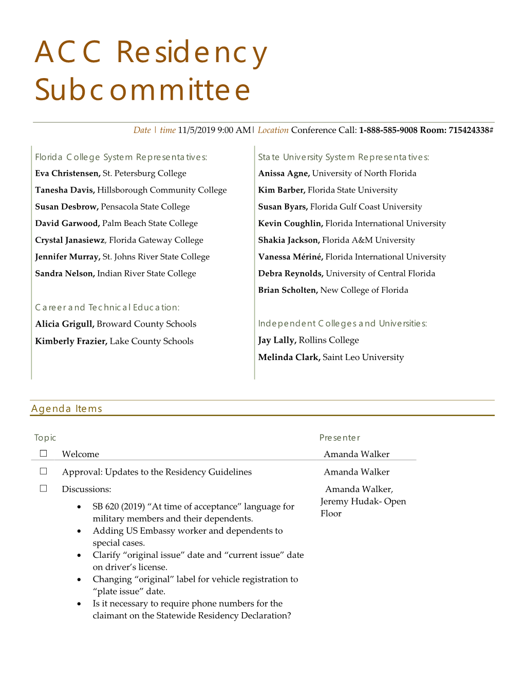 ACC Residency Subcommittee Agenda 11-5-19