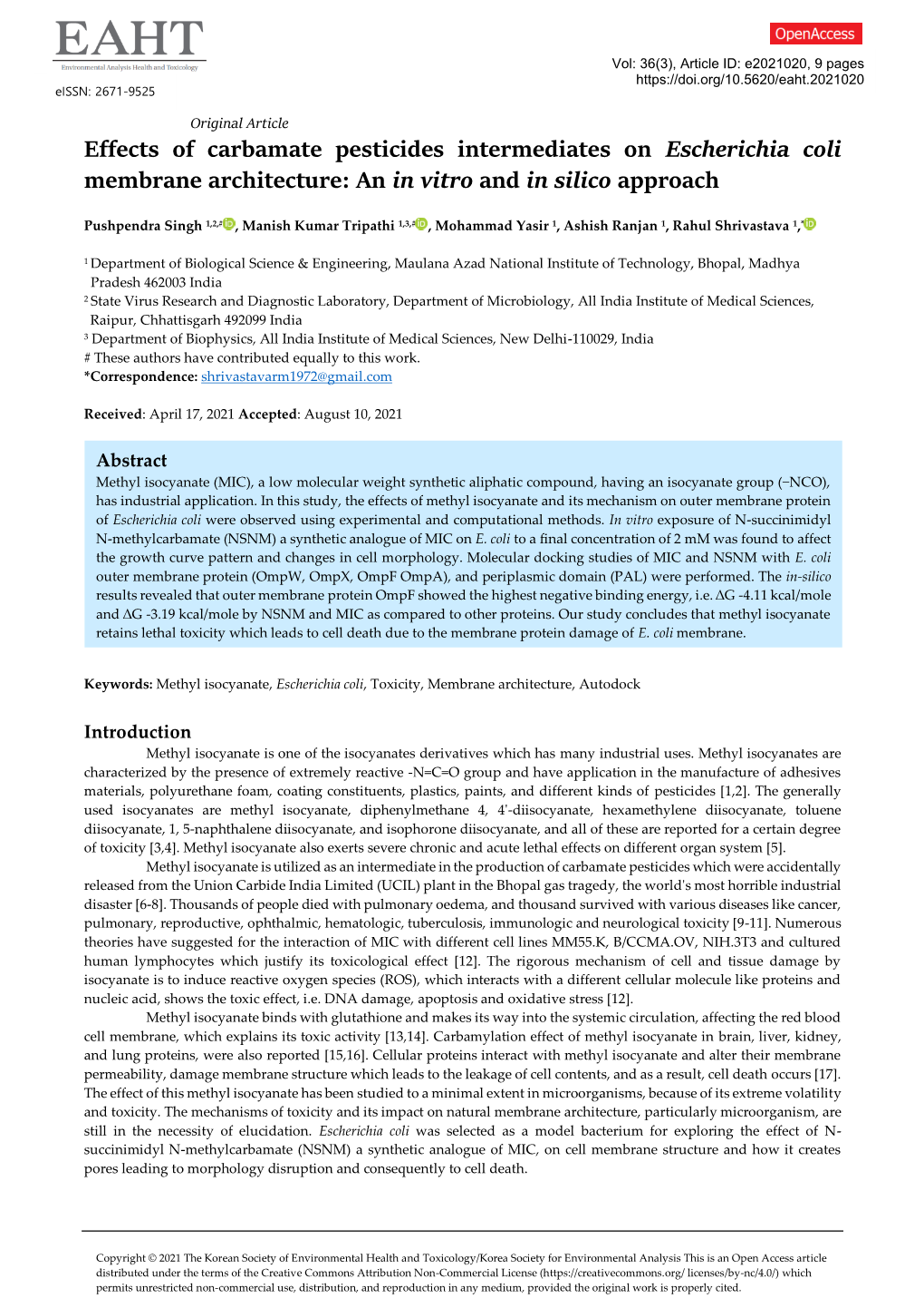 Effects of Carbamate Pesticides Intermediates on Escherichia Coli Membrane Architecture: an in Vitro and in Silico Approach