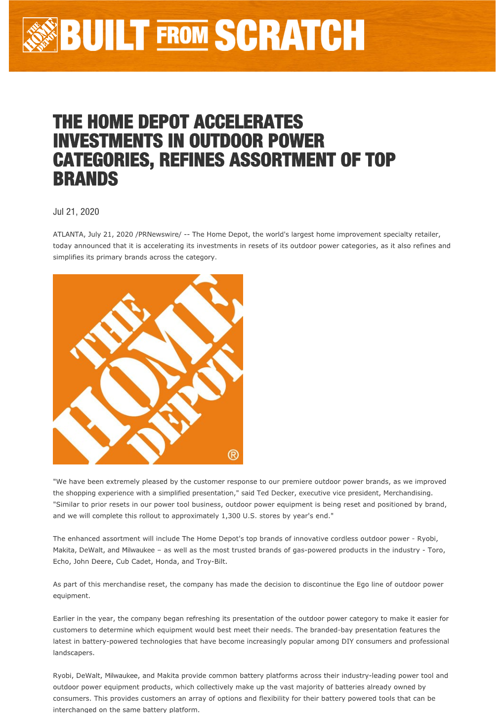 The Home Depot Accelerates Investments in Outdoor Power Categories, Refines Assortment of Top Brands