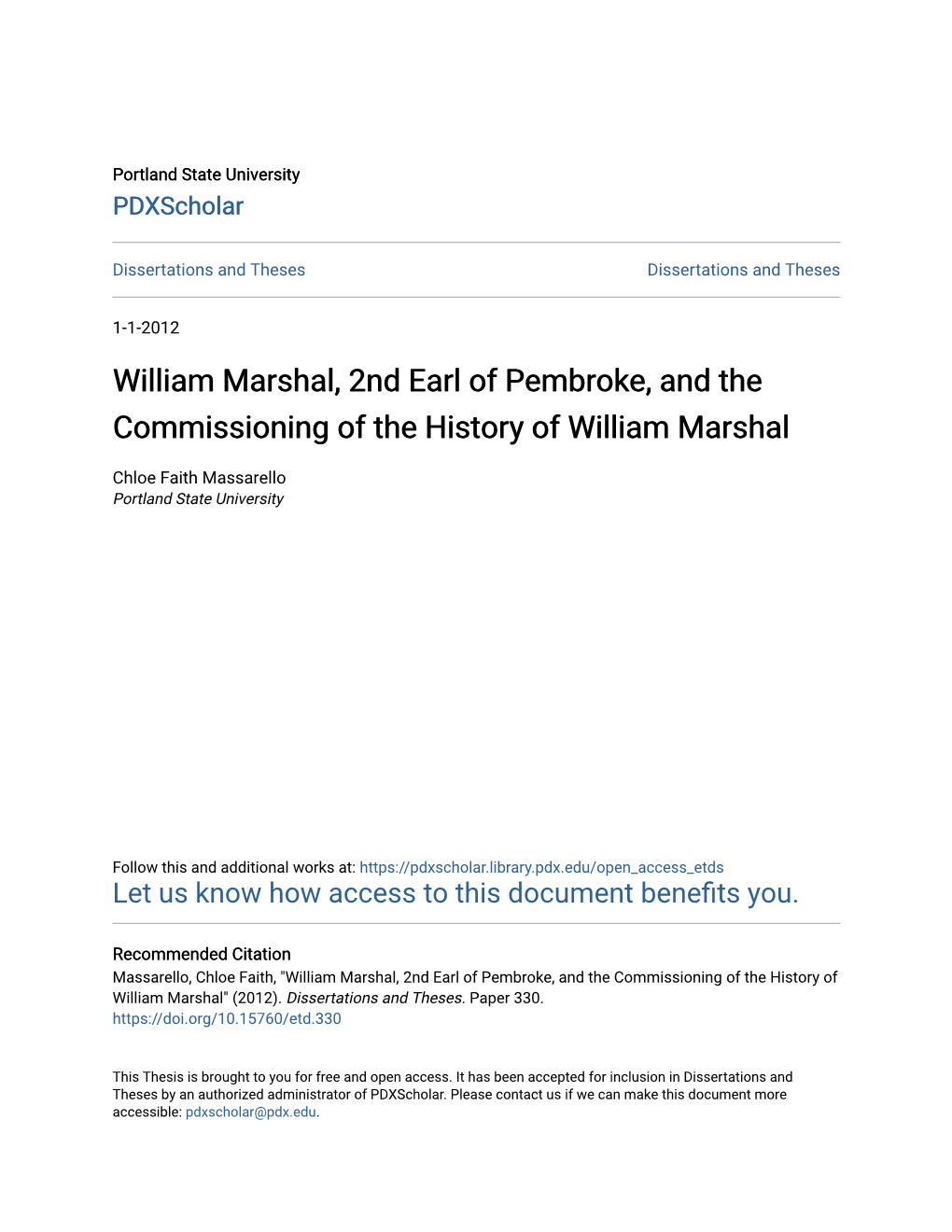 William Marshal, 2Nd Earl of Pembroke, and the Commissioning of the History of William Marshal