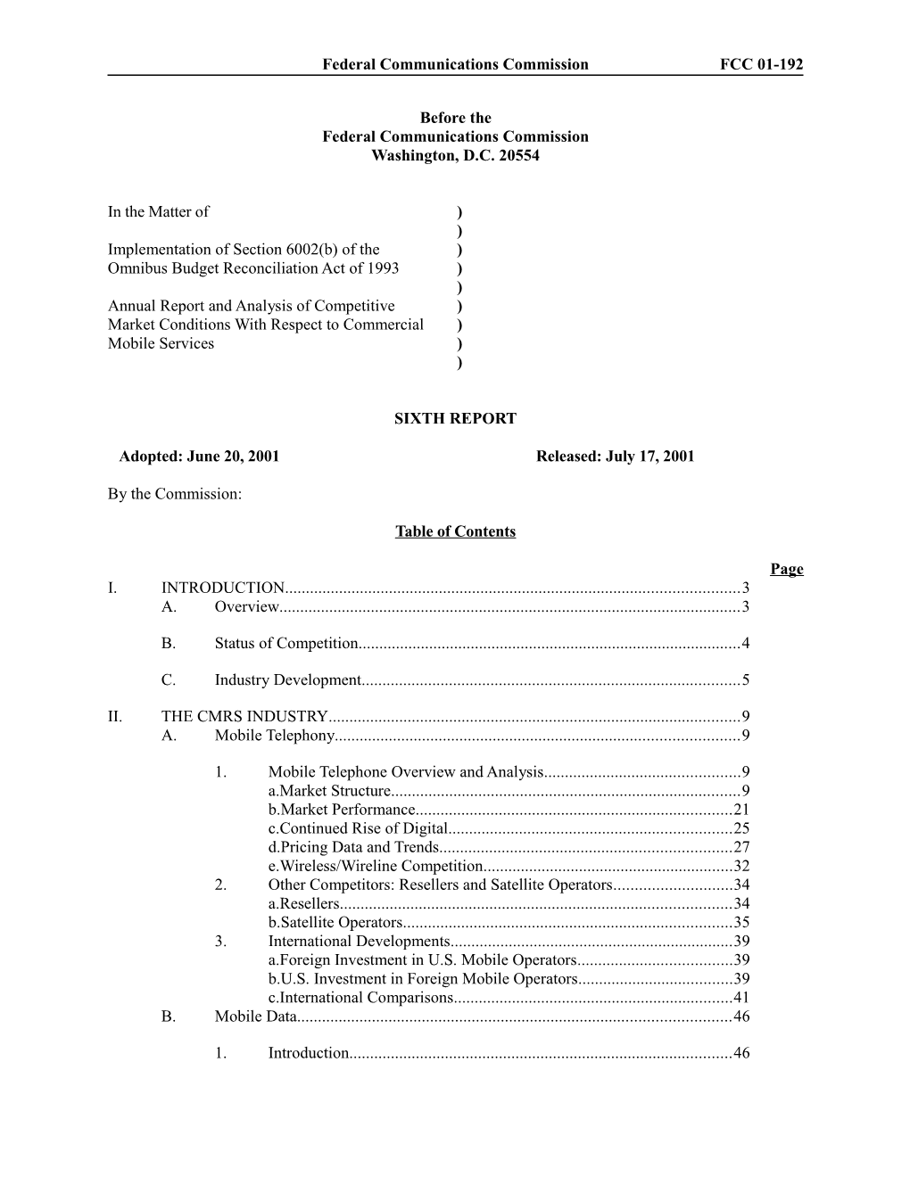 Federal Communications Commission FCC 01-192