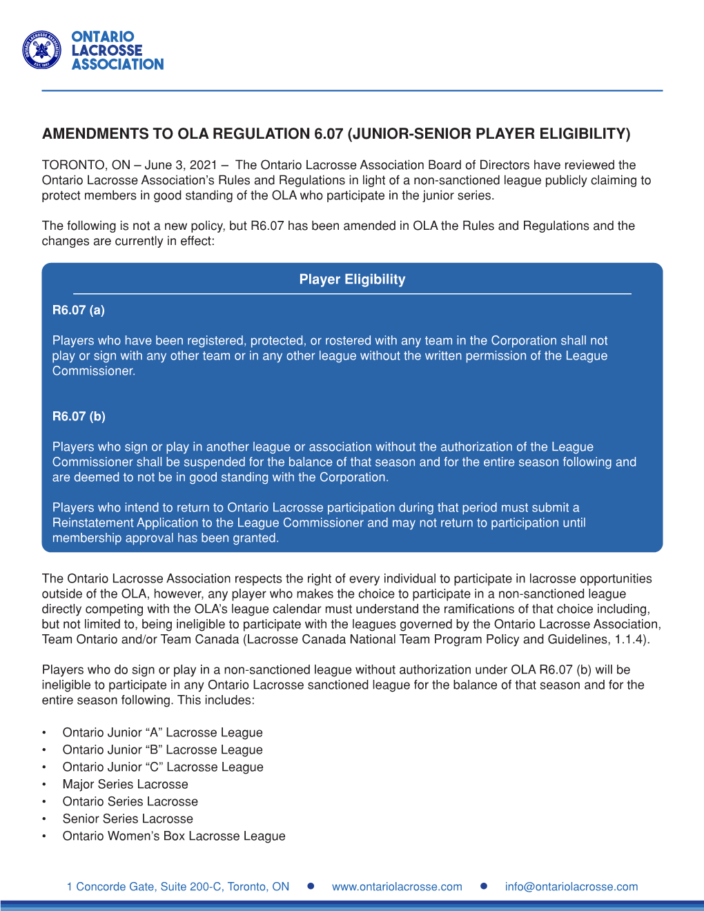 Ontario Lacrosse Association Amendments to Ola