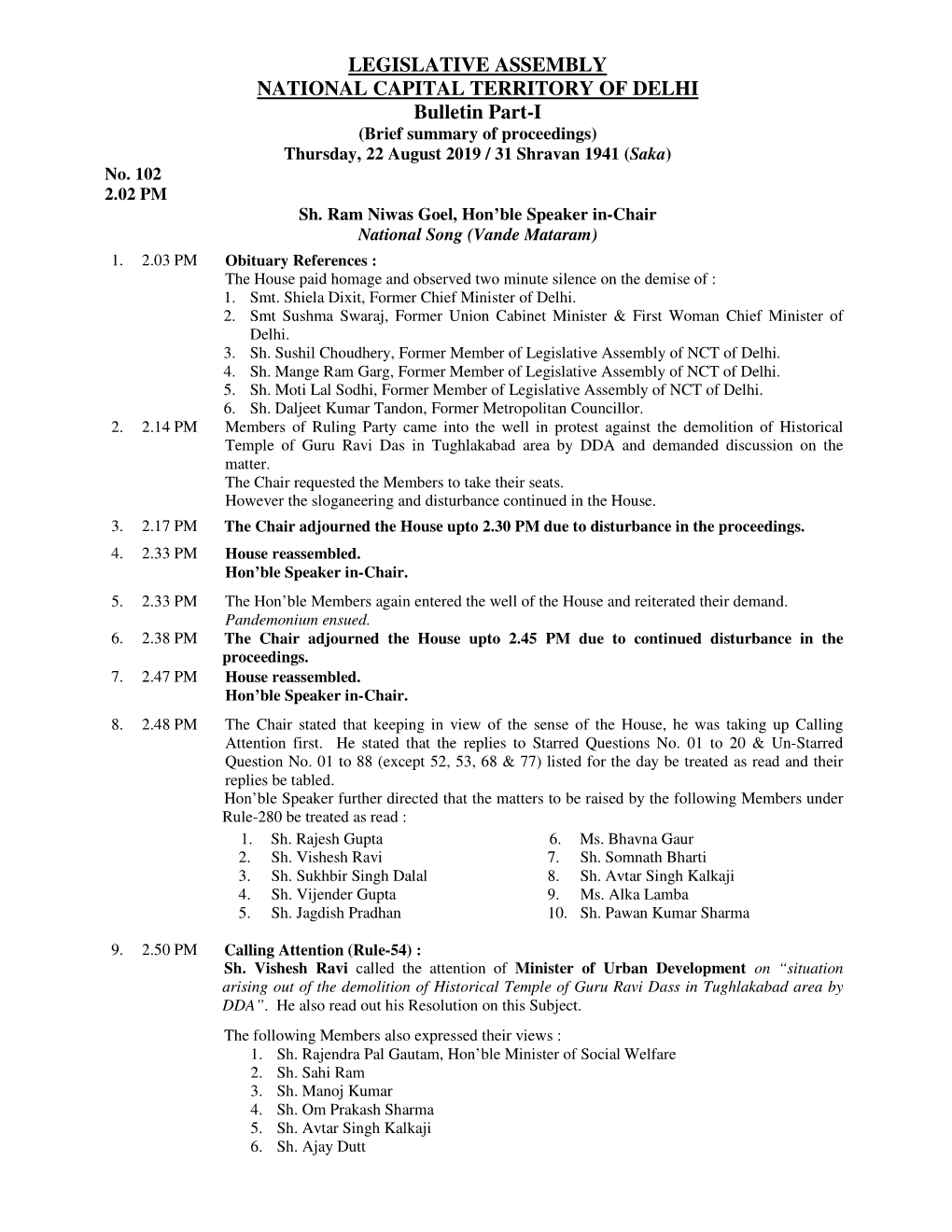 LEGISLATIVE ASSEMBLY NATIONAL CAPITAL TERRITORY of DELHI Bulletin Part-I (Brief Summary of Proceedings) Thursday, 22 August 2019 / 31 Shravan 1941 (Saka ) No