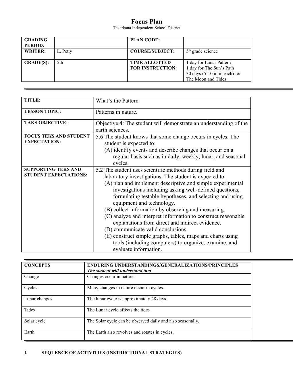 I. Sequence of Activities (Instructional Strategies)