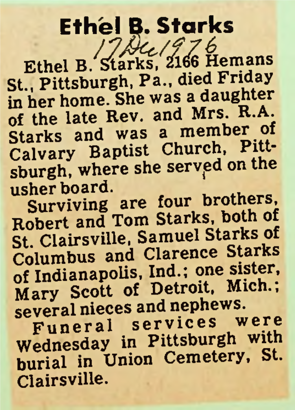 Ethel B. Starks Ethel B.^^Arks,^^Hemans St., Pittsburgh, Pa., Died Friday in Her Home