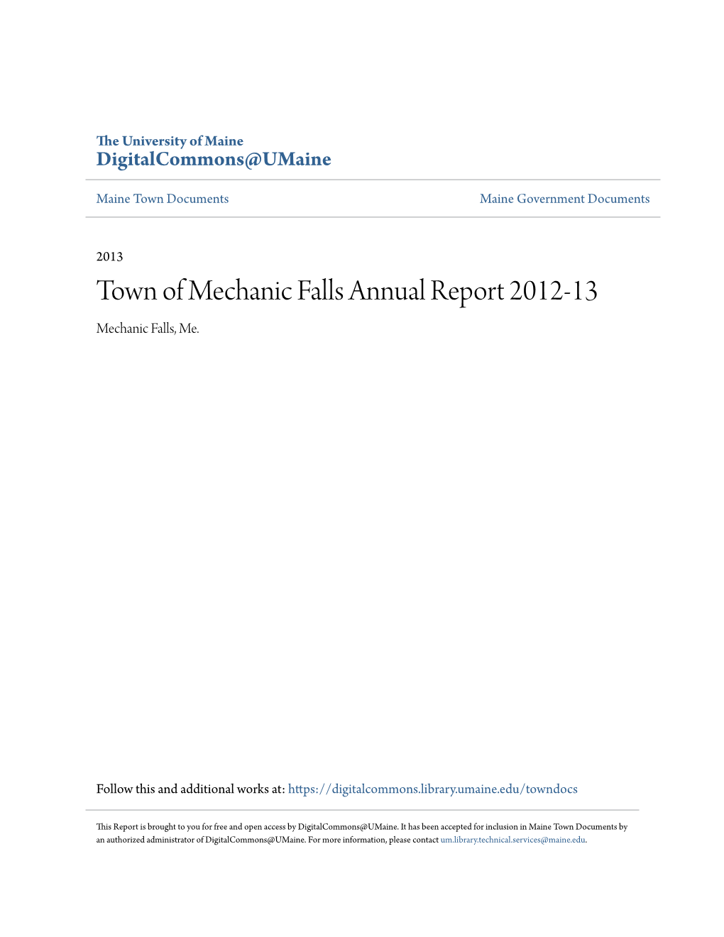 Town of Mechanic Falls Annual Report 2012-13 Mechanic Falls, Me