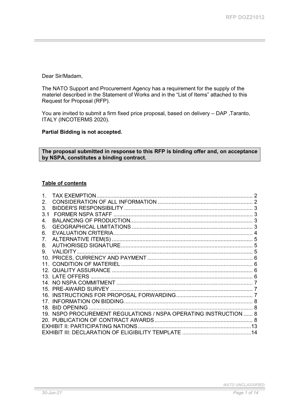 RFP DOZ21012 Dear Sir/Madam, the NATO Support and Procurement