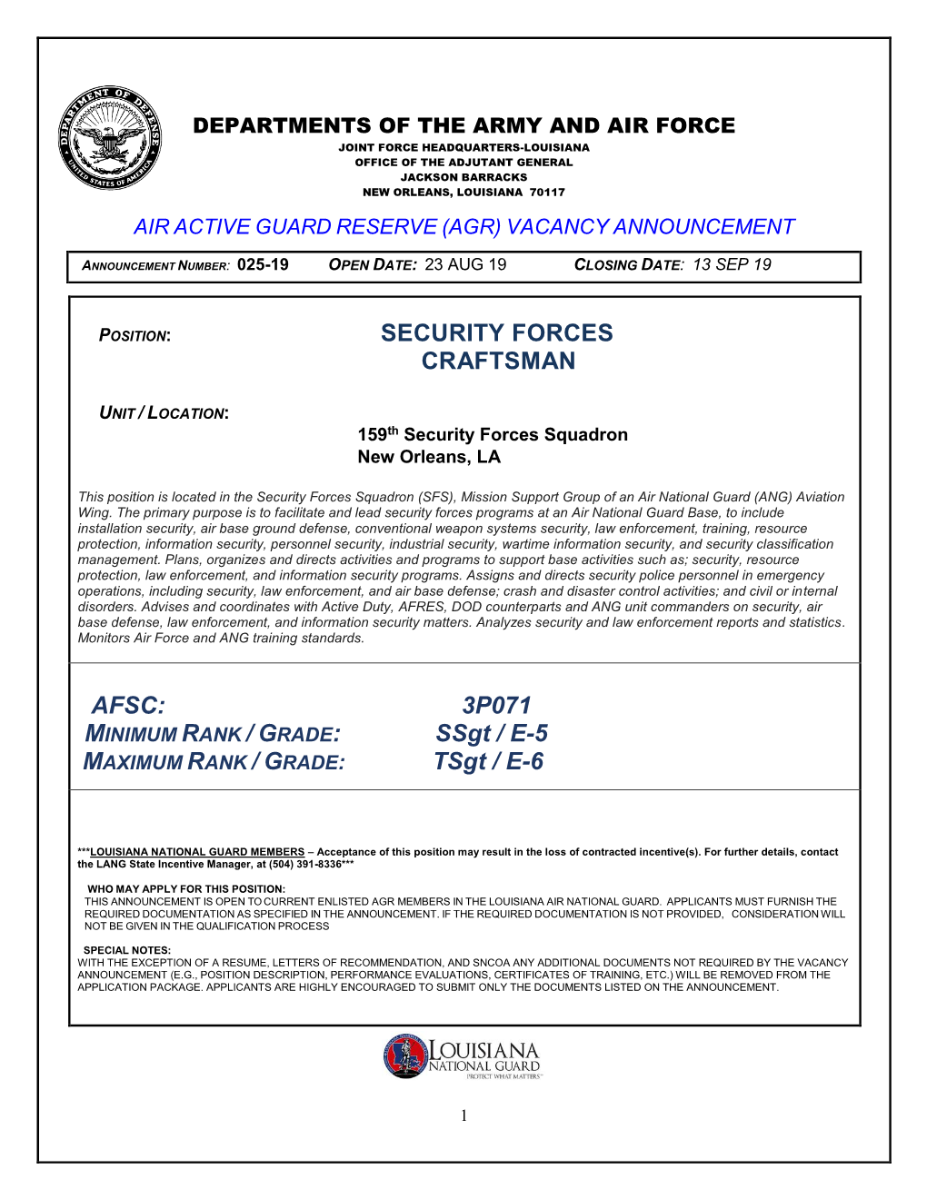 SECURITY FORCES CRAFTSMAN AFSC: 3P071 Ssgt / E-5 Tsgt