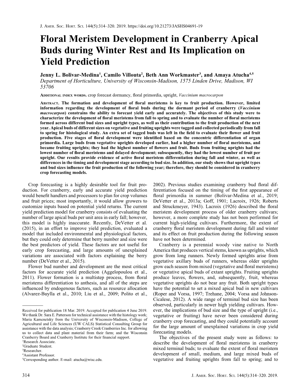 Floral Meristem Development in Cranberry Apical Buds During Winter Rest and Its Implication on Yield Prediction