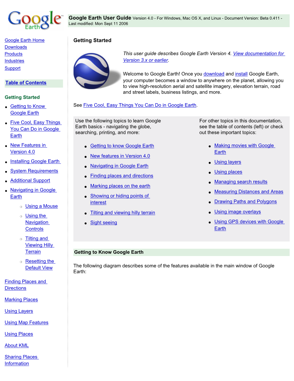 Google Earth User Guide Version 4.0 - for Windows, Mac OS X, and Linux - Document Version: Beta 0.411 - Last Modified: Mon Sept 11 2006