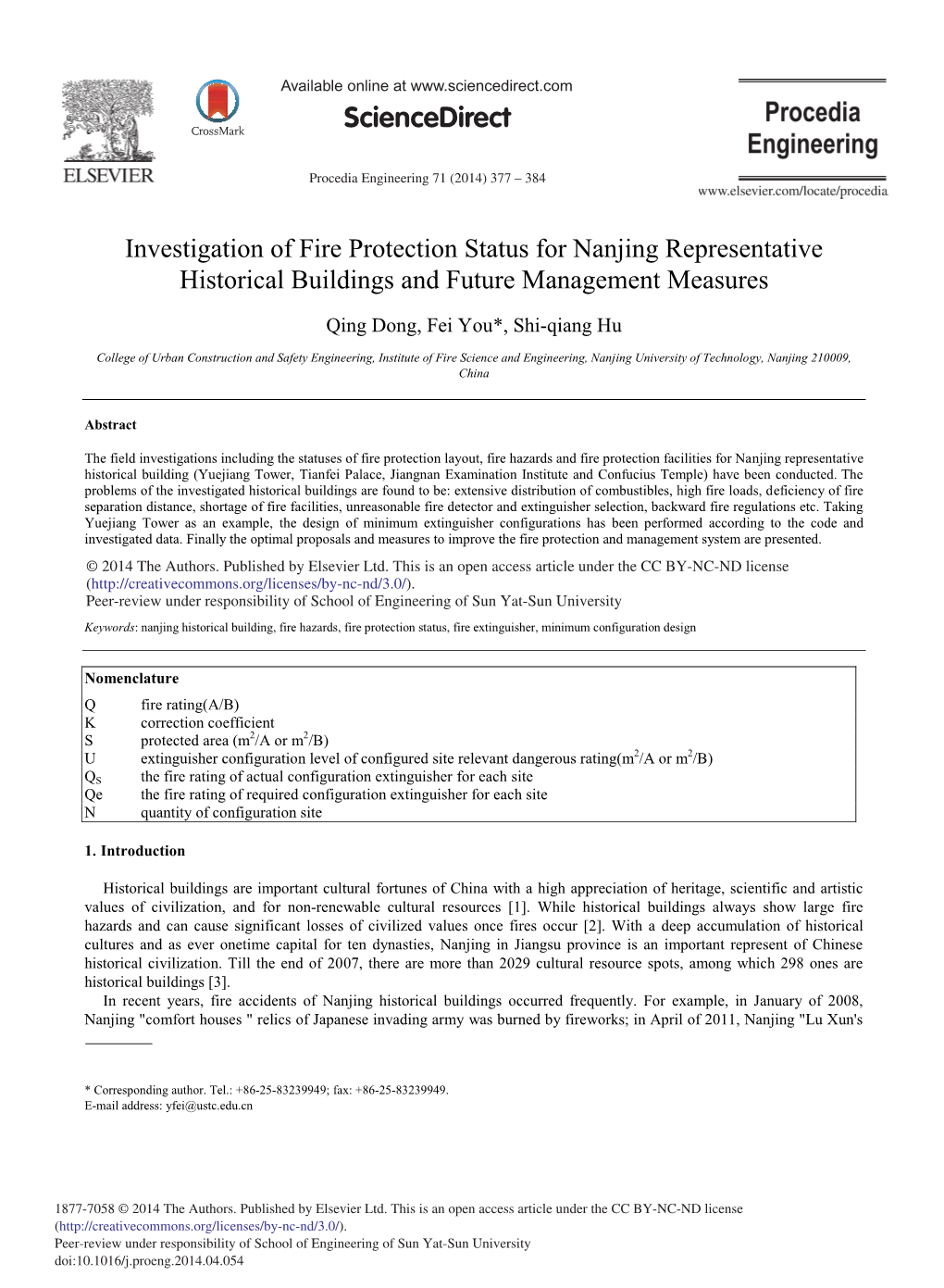 Investigation of Fire Protection Status for Nanjing Representative Historical Buildings and Future Management Measures