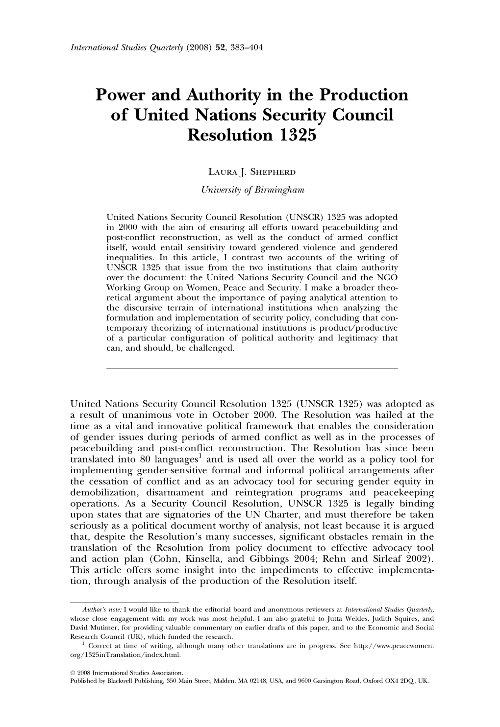 Power and Authority in the Production of United Nations Security Council Resolution 1325