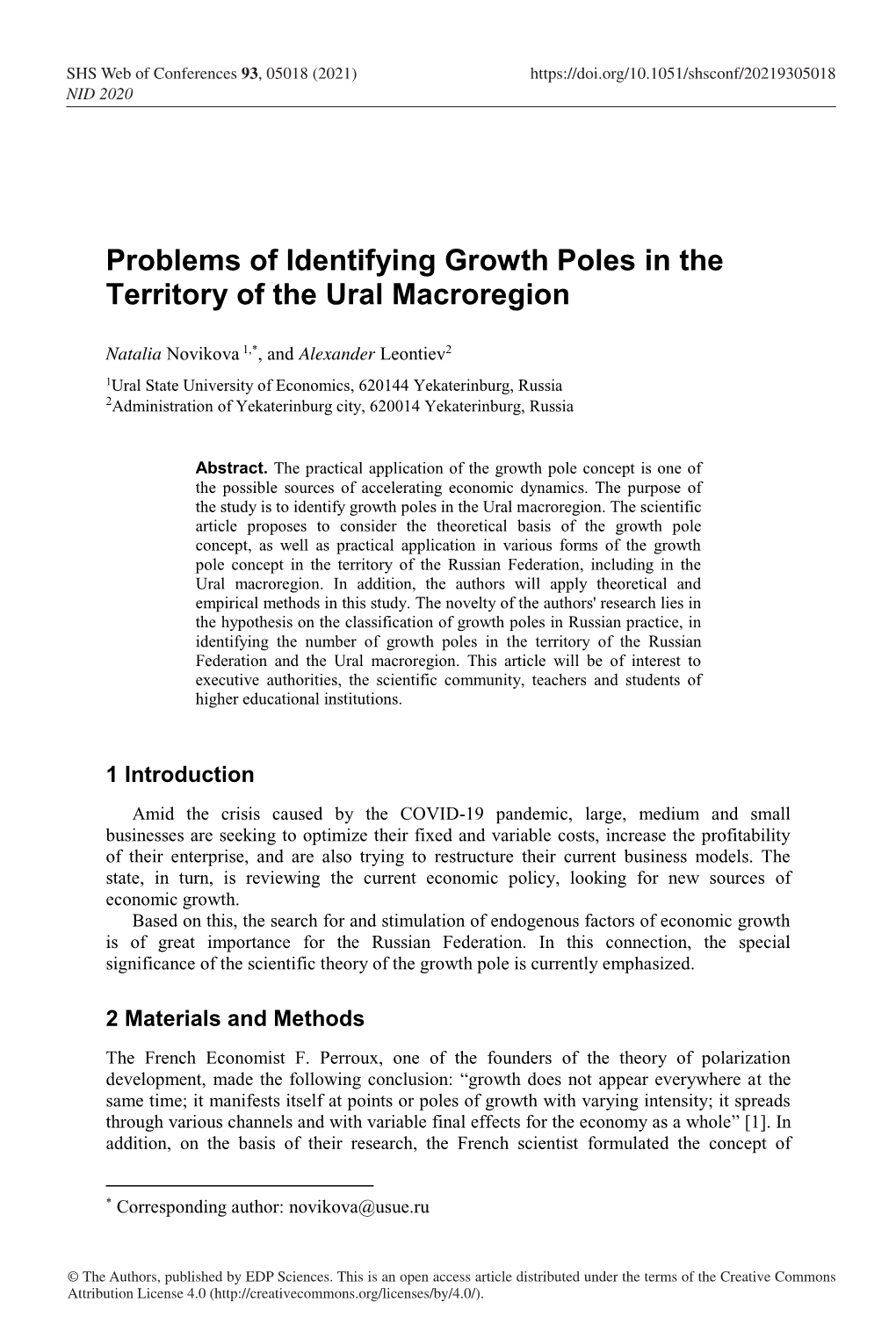 Problems of Identifying Growth Poles in the Territory of the Ural Macroregion