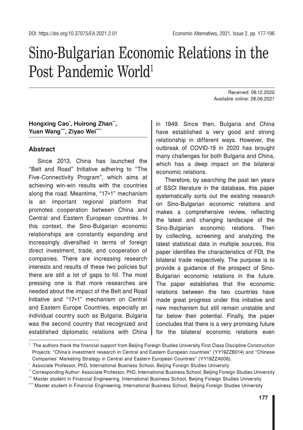 Sino-Bulgarian Economic Relations in the Post Pandemic World1