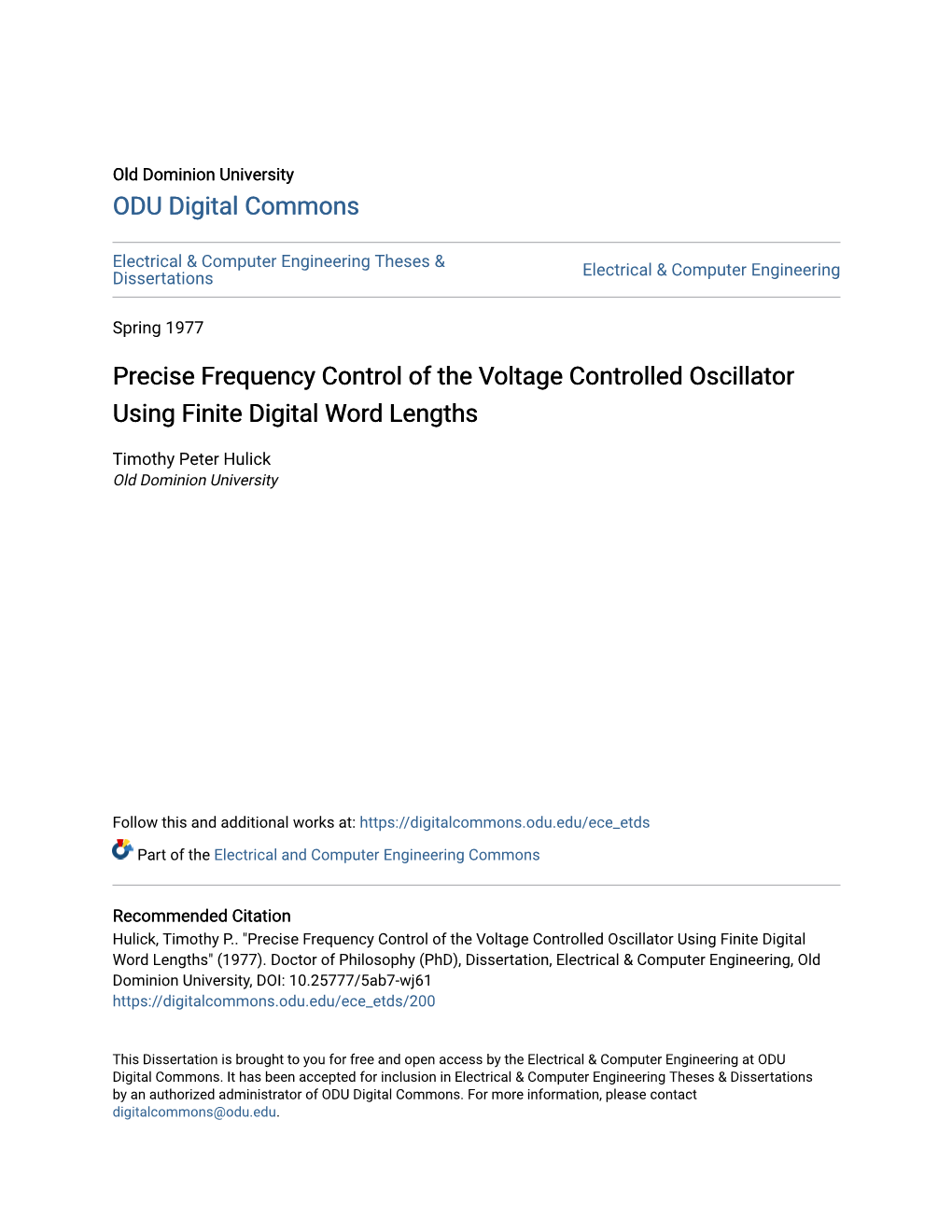 Precise Frequency Control of the Voltage Controlled Oscillator Using Finite Digital Word Lengths