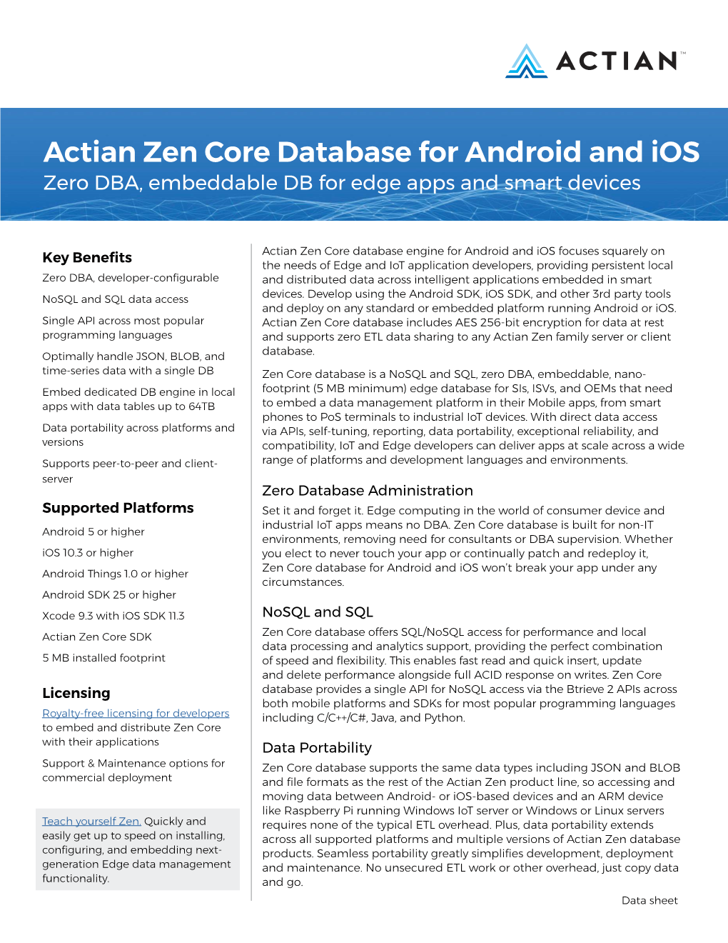Actian Zen Core Database for Android and Ios Zero DBA, Embeddable DB for Edge Apps and Smart Devices