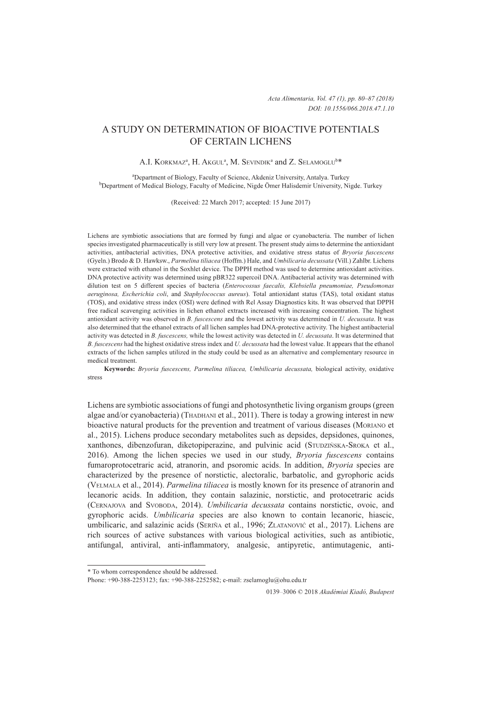 A Study on Determination of Bioactive Potentials of Certain Lichens