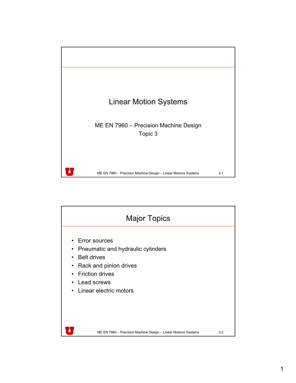 Linear Motion Systems Major Topics