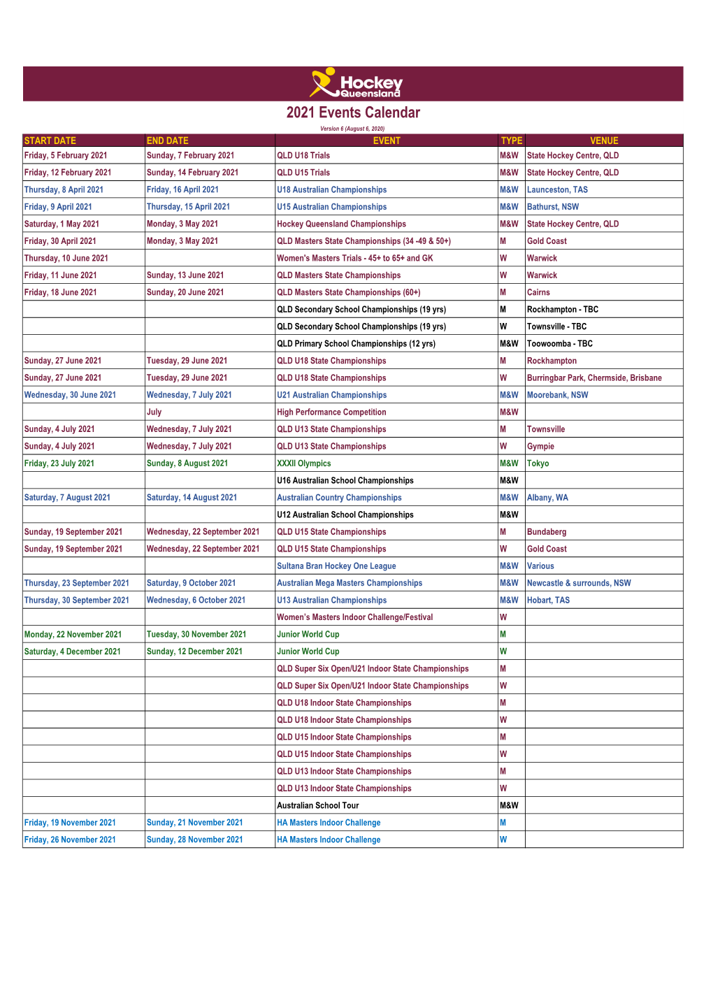 2021 Events Calendar